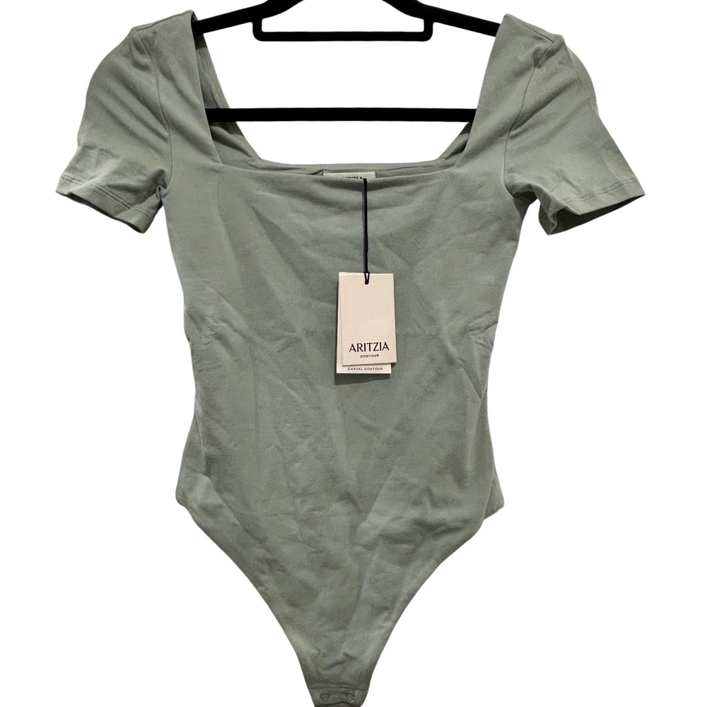 Aritzia Contour Bodysuit Women XS Sage Green Squareneck Short Sleeve New